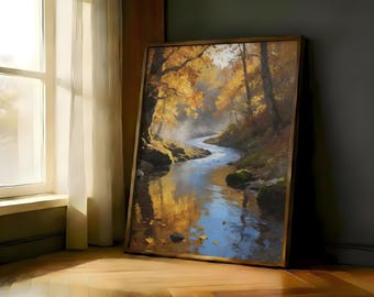 Autumn Creek Fallen Leaves Forest Oil Painting | Maple River Flowing Woodland Fall Wall Decor