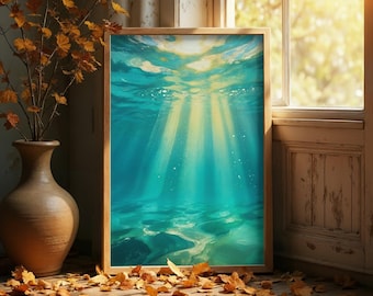 Underwater Sun Rays Ocean Poster | Serene Blue Sea Decor | Modern Coastal Home Office Artwork
