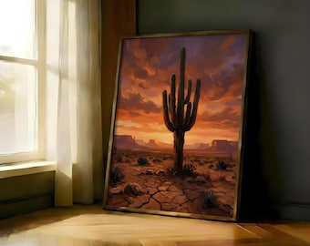 Desert Cactus Fiery Sunset Southwest Oil Painting | Saguaro Cracked Earth Arizona Farmhouse Wall Decor