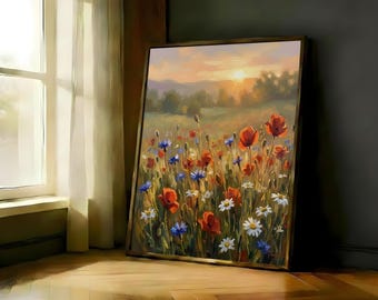 Wildflower Meadow Print | Poppy Field Wall Art | Floral Sunset Landscape Poster | Framed or Unframed