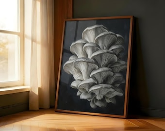 Oyster Mushroom Print | Dark Botanical Wall Art | Monochrome Nature Poster | Framed or Unframed