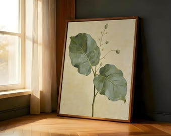 Sage Green Botanical Stem Bud Painting | Soft Neutral Leaf Sprig Minimalist Farmhouse Wall Decor