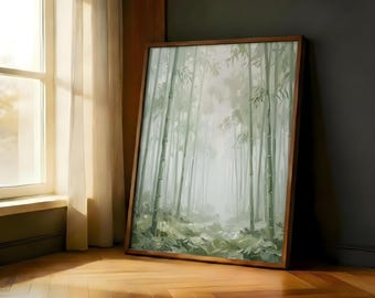 Misty Bamboo Forest Zen Path Artwork | Soft Green Asian Grove Tranquil Wall Decor Poster