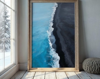 Impresión de olas del océano, fotografía costera de playa de arena negra, póster minimalista de paisaje marino