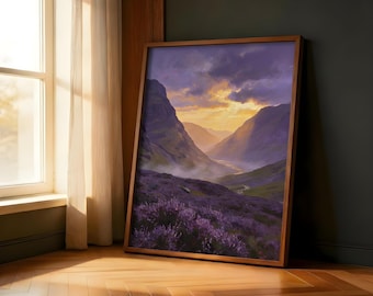 Scottish Highland Valley Heather Sunset Wall Art Print | Purple Mist Mountain Glen Home Decor