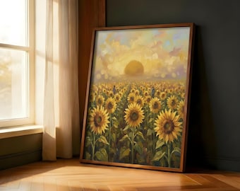 Sunflower Field Golden Sunset Oil Painting | Vast Yellow Bloom Countryside Nature Farmhouse Wall Decor
