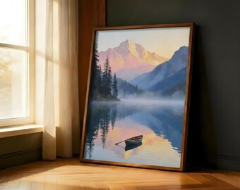 Misty Mountain Lake Painting Print | Peaceful Forest Reflection | Serene Rowboat Sunrise Nature Wall Decor