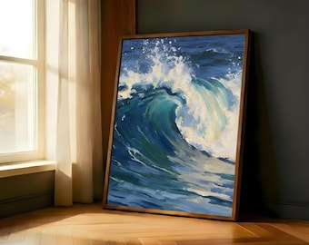 Ocean Wave Print | Coastal Wall Art | Blue Nautical Poster | Framed or Unframed