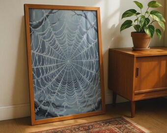 Frosted Spider Web Art Print, Ethereal Winter Wall Decor, Nature Illustration, Grey Tones,