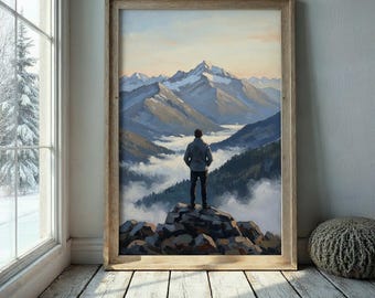 Mountain Wall Art Print | Lone Man Landscape Poster | Adventure Nature Decor | Physical Artwork