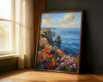 Cliffside Poppy Wildflower Painting Print | Coastal Ocean Bluff Scenic Wall Decor | Impasto Beach Decor