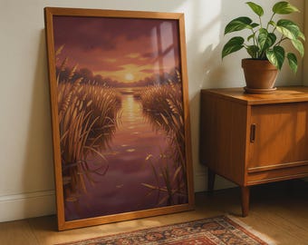Coucher de soleil serein sur un paysage de marais, oeuvre d'art murale nature, impression botanique, affiche reflet coucher de soleil