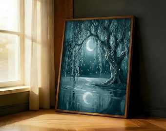 Willow Tree Moon Night Print | Firefly Crescent Lake Fantasy Wall Art Poster