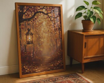 Autumn Forest Lantern Print, Enchanted Path Wall Art, Fall Leaves Fairy Lights Poster