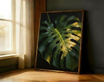 Bold Monstera Leaf Dark Botanical Poster | Lush Split Leaf Tropical Plant Wall Decor Gift
