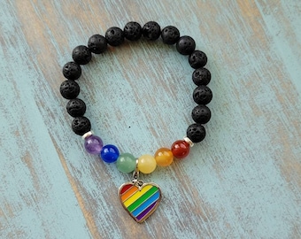 Handmade Pride LGBTQ+  Bracelet: Natural Gemstone Beads, Rainbow Heart Charm