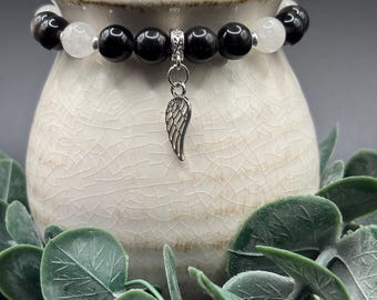 Handmade Black and White Natural Gemstone Bracelet with Silver Angel Wing Charm