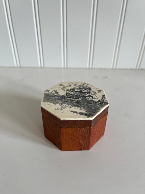 Octagonal Wooden Trinket Box with Ship