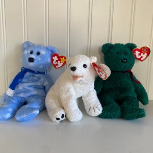 Set of 3 winter/holiday themed Retired Beanie Babies-1999 Holiday Teddy, 2001 Holiday, and Aurora