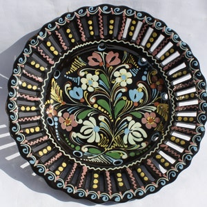 Reticulated Black Flower Design Plate, Handpainted wall plate, Black Wall Hanging, Kitchen Decoration, Rare Wall Hanging Plate