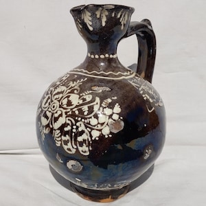 Antique Traditional Hungarian Black Glazed Vintage Folk Pitcher, Traditional Countrystyle Flower Decorated Pitcher