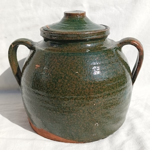 Antique Green Glazed Two Handle Pot with Lid, Traditional Folk Stoneware Pottery, Rare Folk Pitcher, Ceramic Pitcher