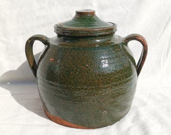 Antique Green Glazed Two Handle Pot with Lid, Traditional Folk Stoneware Pottery, Rare Folk Pitcher, Ceramic Pitcher