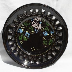 Reticulated Black Flower Design Plate, Handpainted wall plate, Black Wall Hanging, Kitchen Decoration, Rare Wall Hanging Plate
