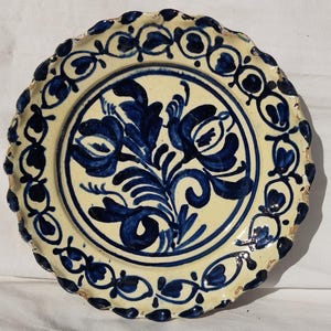 Vintage Folk Transylvania 20th century Earthenware Korond Peasant Blue Waved Edge Plate