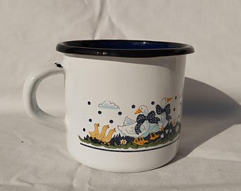 Taza vintage de esmalte con escena de ganso: jarra de leche estilo folklórico campestre