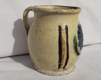 Antique Folk White Milk Mug, Stoneware Flower Decorated Hungarian Pitcher