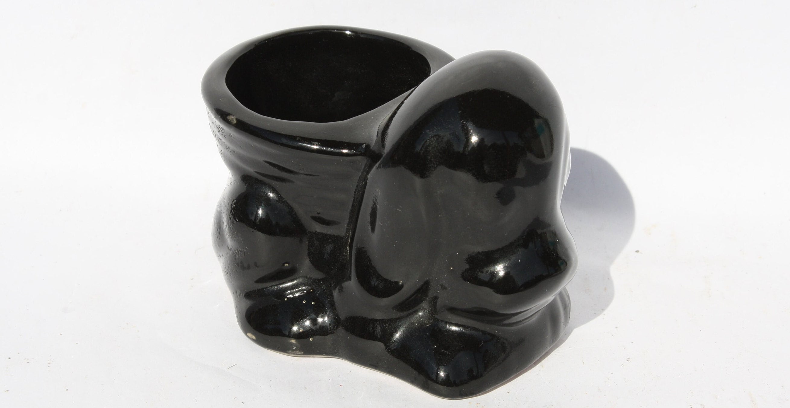 Hungary Porcelain Knick Knack Black Dog Figurine, Little Flower Pot
