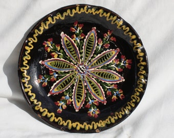 Antique Hungarian Clay Plate: Black Pottery Folk Art, Waved Edge