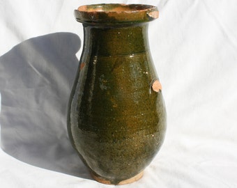 Pichet antique émaillé vert, poterie folklorique traditionnelle en grès, pichet folklorique rare, pichet en céramique