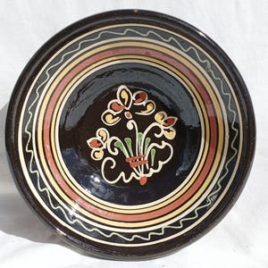 Traditional Hungarian Folk Vintage Ceramic Black Plate With Folk Flower Motif, Black Glazed Plate