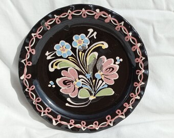 Antique Hungarian Clay Plate: Black Pottery Folk Art, Waved Edge