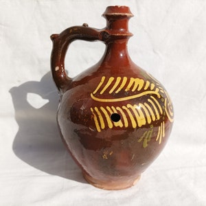 Traditional Hungarian Brown Glazed Vintage Folk Pitcher, Traditional Countrystyle Pitcher