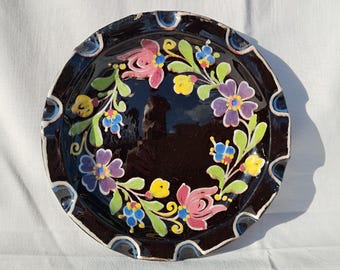 Antique Hungarian Clay Plate: Folk Floral Pottery, Waved Edge