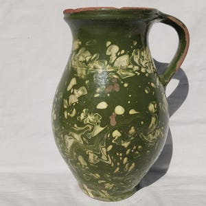 Antique Folk Traditional Green Glazed Flown Glazed Pitcher, Traditional Stoneware Jug Honey Jar