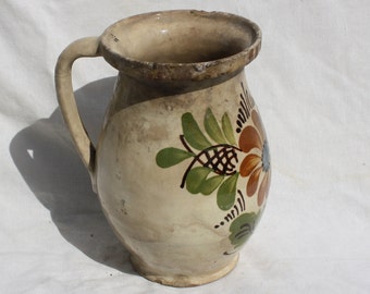 Antique Folk White Milk Jug, Stoneware Flower Decorated Hungarian Pitcher