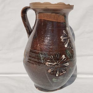 Antique Traditional Hungarian Folk Ceramic Braown Pitcher, Hungarian Folk Flower Decorated Bottle