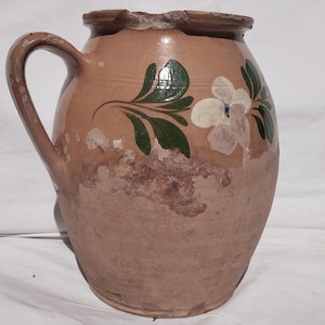 Traditional Antique Hungarian Folk Milk Jug, Ceramic Pitcher Flower Decorated