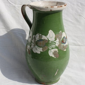 Antique Green Glazed Jug, Traditional Folk Stoneware Pottery, Rare Folk Pitcher, Ceramic Pitcher