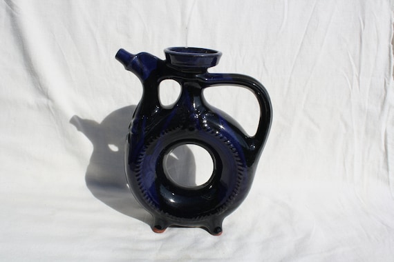 Volkskunst blau glasierte Keramik Brezel Flasche Vase