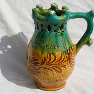 Folk Reticulated Puzzle Pitcher, Vintage Ewer, Ceramic Pitcher, Ceramic Pottery