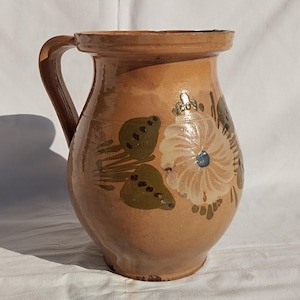 Antique Hungarian Flower Designed Folk Jug, Traditional Countrystyle Pitcher