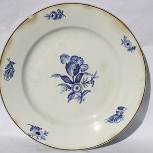 May include: A white ceramic plate with a gold rim and blue floral designs. The plate features a large central flower and smaller floral accents around the edge. The design is in a classic, vintage style.