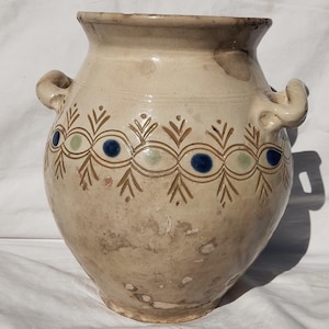 Antique Huge Folk White Milk Jug, Stoneware Lined and Sgraffito Carved Decorated Hungarian Pitcher