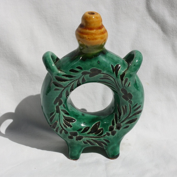 Folk Ceramic Hungarian Little Flask, Green Pretzel Bottle, Folk Vase, Folk Ceramic Flask, Clay Pitcher, Handpainted Vase
