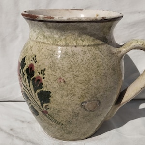Antique Green White Glazed Jug, Traditional Folk Stoneware Pottery, Rare Folk Pitcher, Ceramic Pitcher